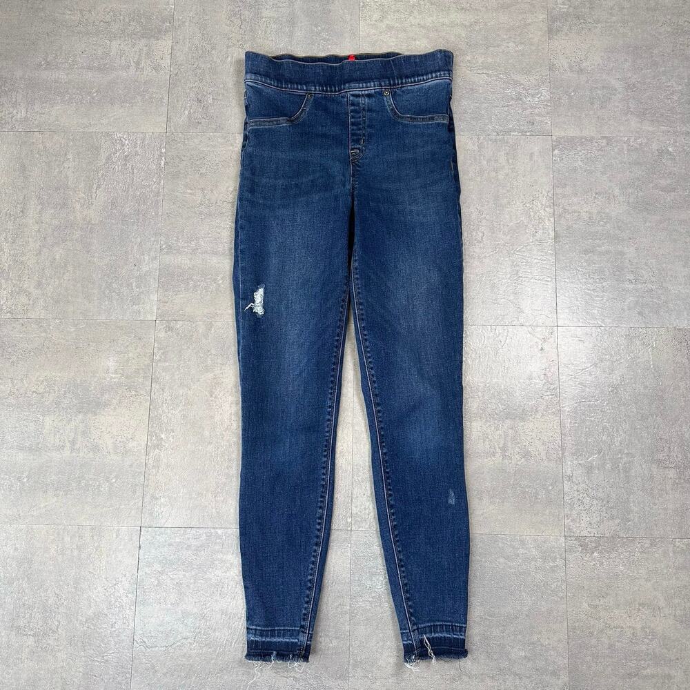 Spanx Jeans WMNS S Med Wash Distressed Denim Skinny Leggings Mid Rise Raw Hem